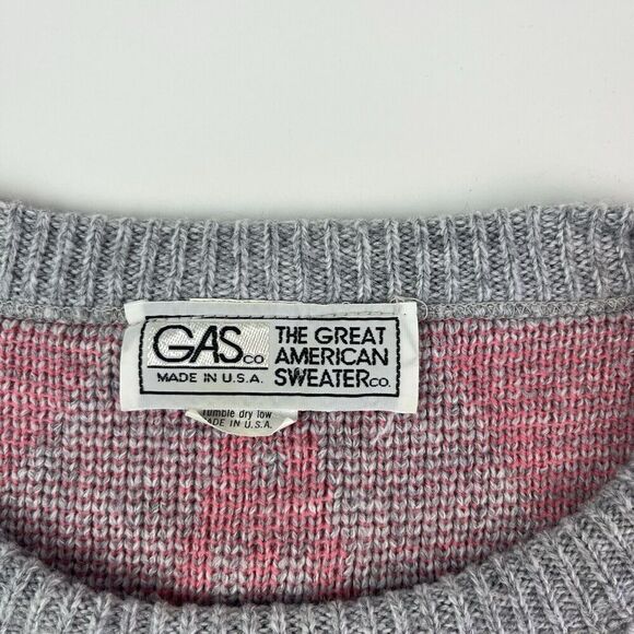 Vintage 80s GAS Great American Sweater Co Pullover S Gray Pink Grandpa Grunge - Picture 3 of 9